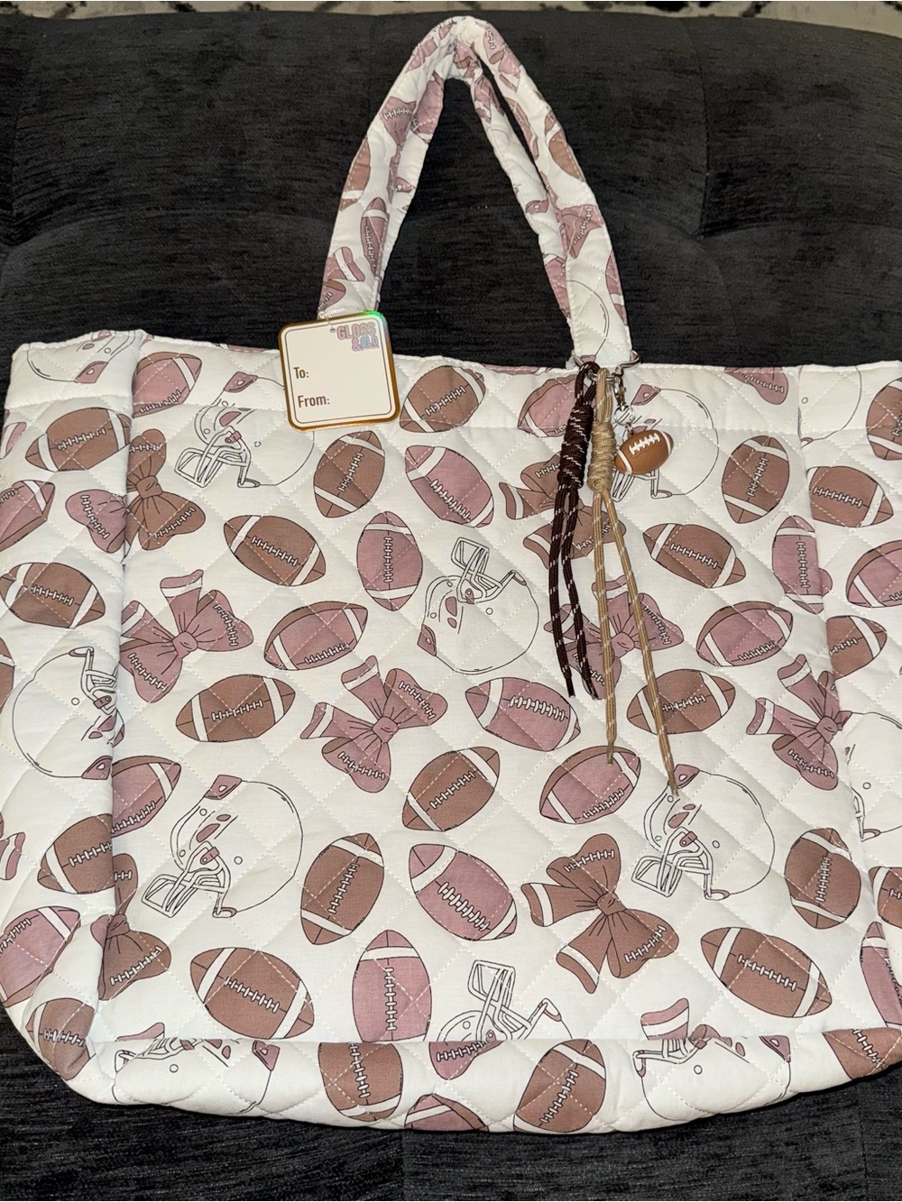 Quilted football Print Tote Bag - brownish/Pink & White